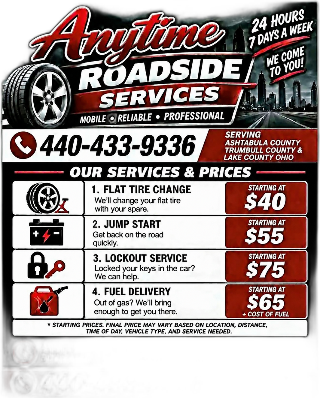 The Anytime Roadside Services flyer: flat tire change from $40, jump start from $55, lockout service from $75 and fuel delivery from $65 plus the cost of fuel, serving Ashtabula, Trumbull and Lake counties, Ohio. Call 440-433-9336.